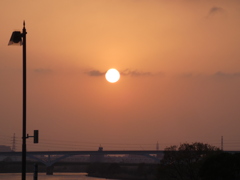 西新井橋の街灯のと舎人ライナー高架上の夕日