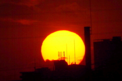 荒川土手から近所の煙突左の夕日