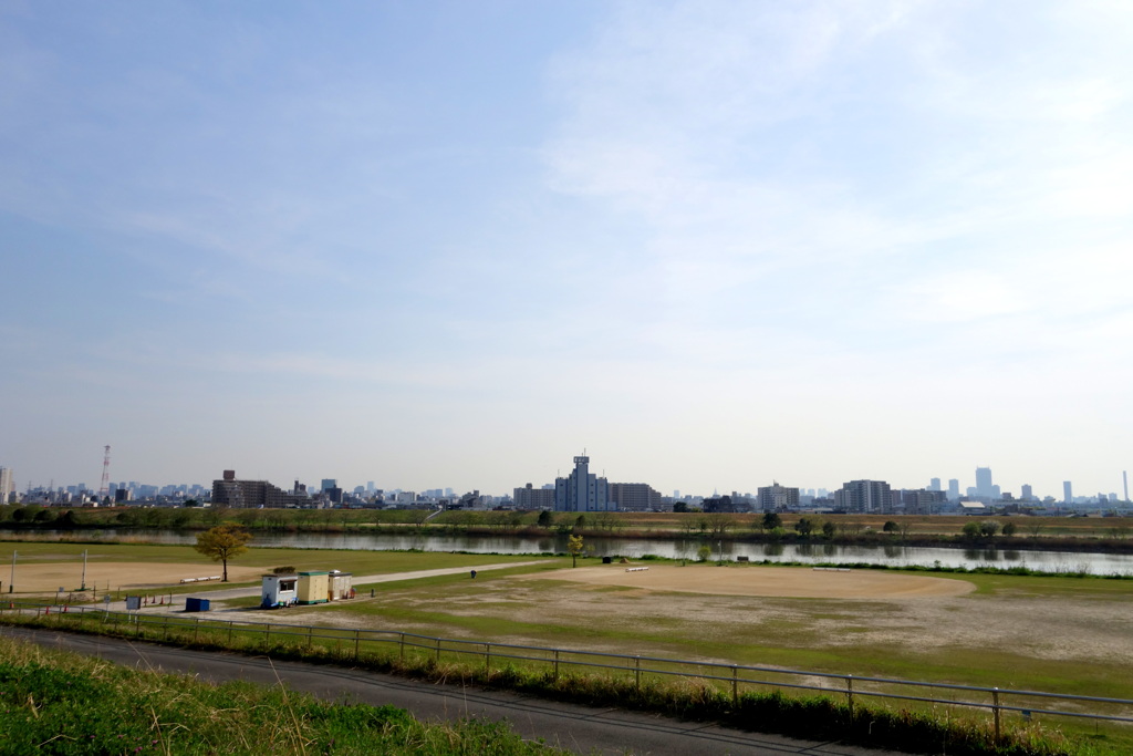江北土手から山は見えない都心のビルの遠望パノラマ