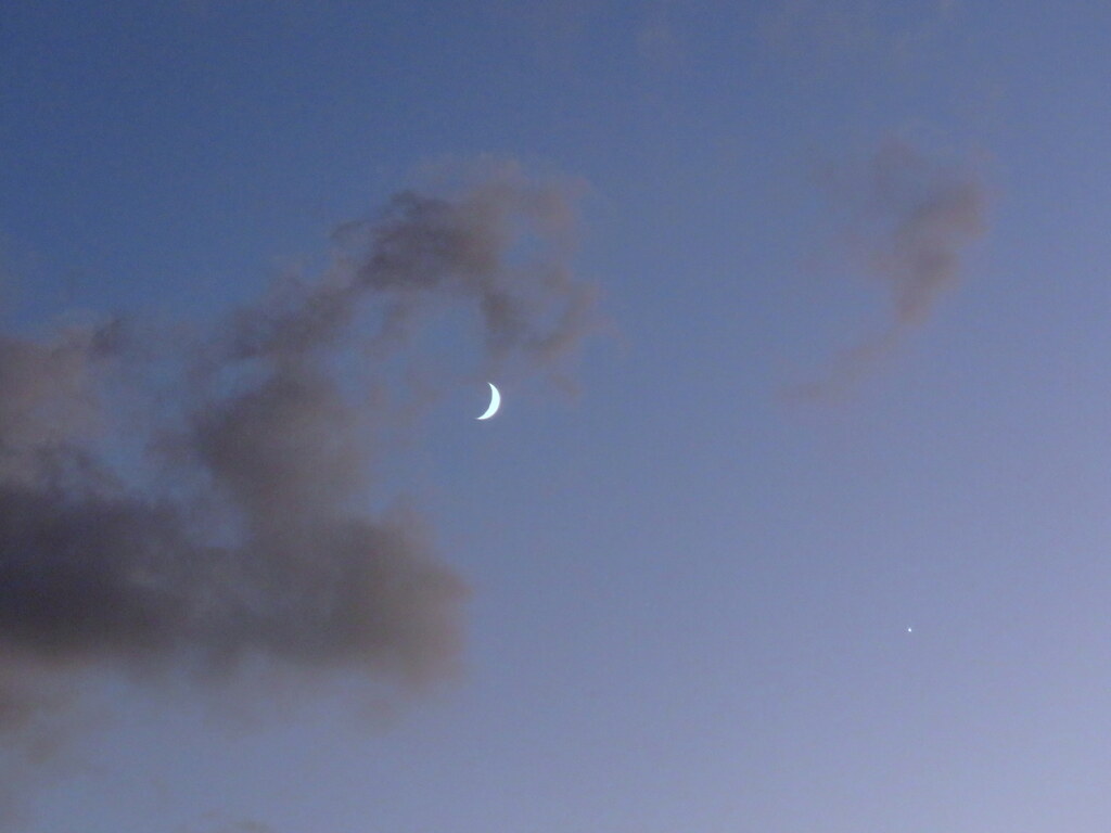 夕焼の上空の月