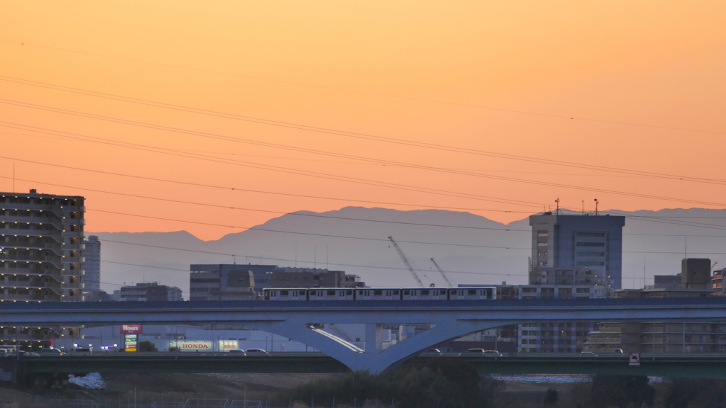 西新井橋から雁腹摺山下を走る舎人ライナー