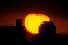 タワービルの黄色い大きな夕日