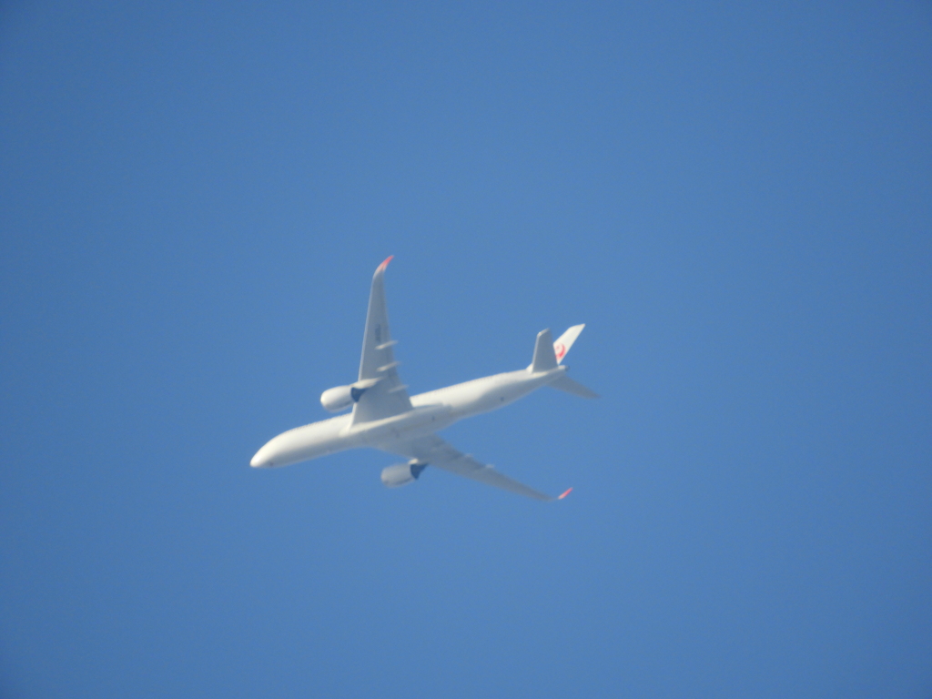 三河島の高架上のJAL機と青空