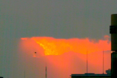 暮れの荒川土手から大きな雲の下の夕焼け中央下に東京タワーの先端が