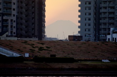 対岸のビルの隙間に見える夕方の富士山