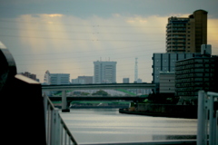 雨上がり一時の隅田川夕焼けのチンダル