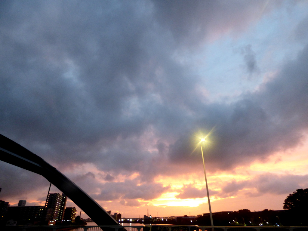 雲だらけの隅田川尾竹橋の夕景