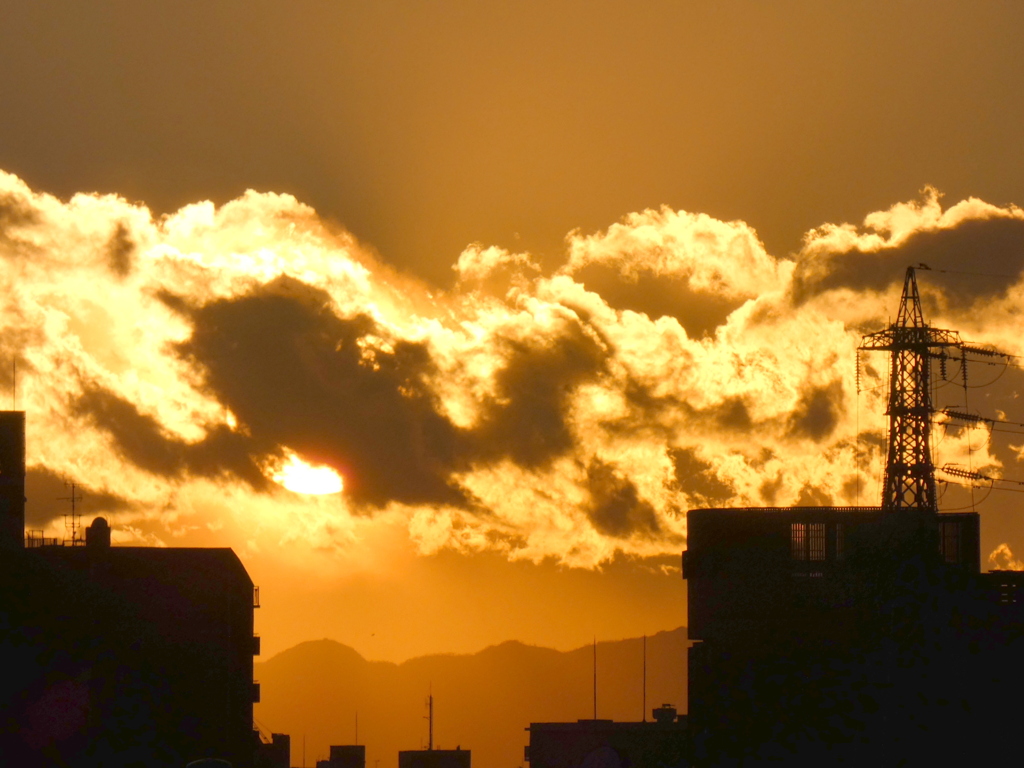 荒川土手から丹沢山系の塔ヶ岳上空の黄金の雲被る夕日