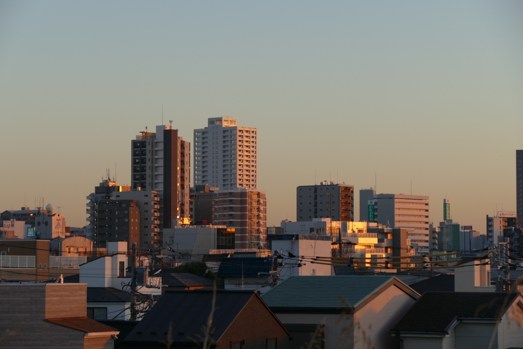 土手の上から町の静かな夕景