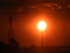 ホヤを纏った煙突トップの夕日