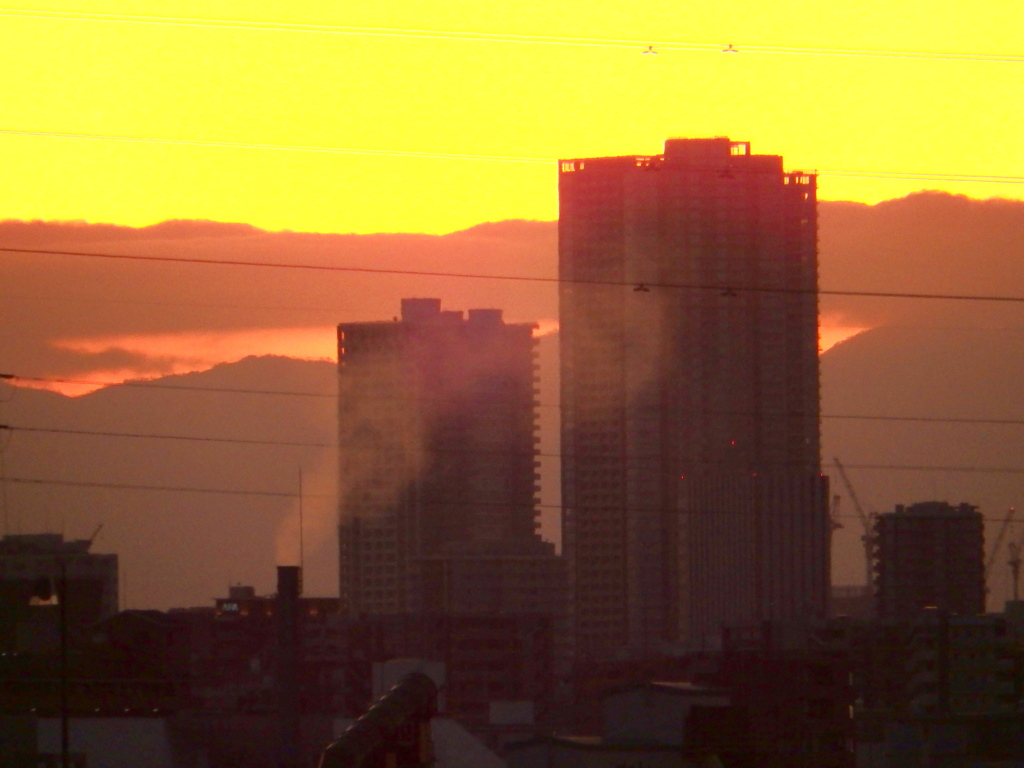 荒川土手から見えた夕日が丹沢山系の山に落ちた後の西のシルエット