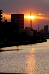 鉄塔の夕日と隅田川のサンロード