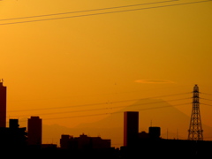 電線の中の小さな雲がある夕焼の富士山