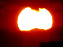 丹沢山系の山に接触する大きな夕日