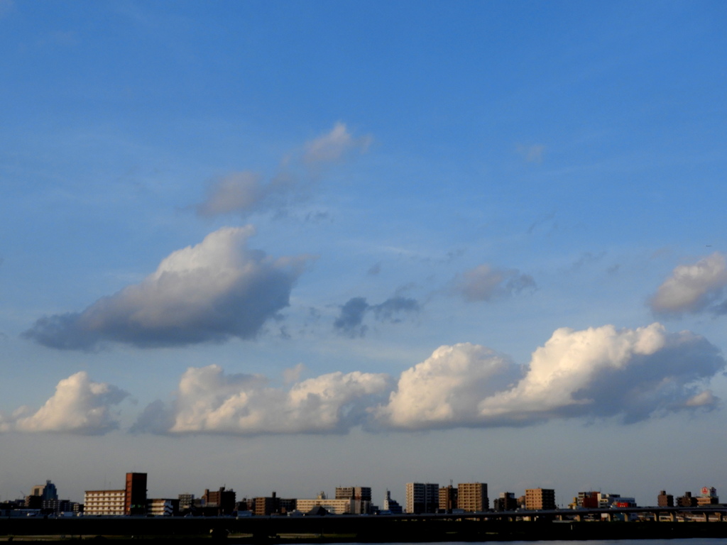 荒川土手から連なる雲の夕空