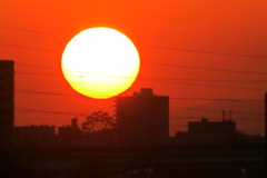 荒川土手から荒川遊園の観覧車上の大きな夕日