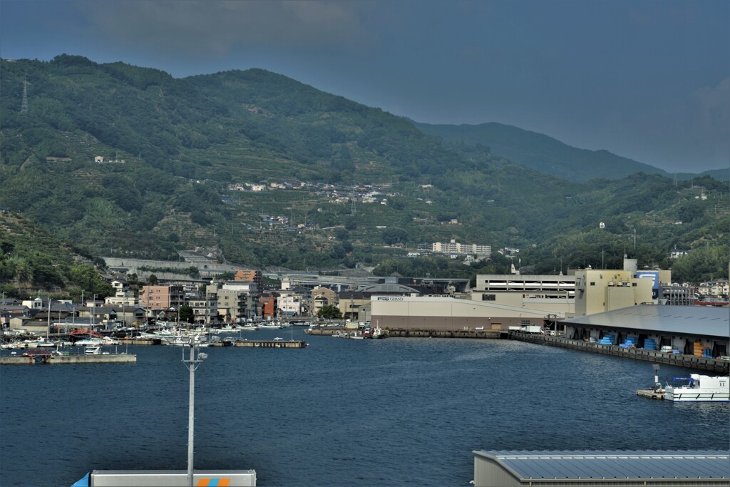 岬にへばりつく八幡浜漁港。。。！