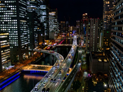 阪神高速とビル群に囲まれた堂島川の夜景