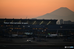 夕方の羽田国際線ターミナルと富士山
