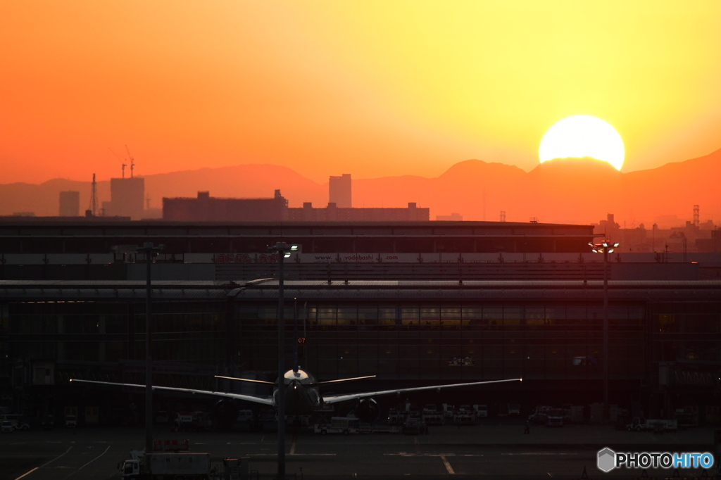 紅く染まる羽田空港