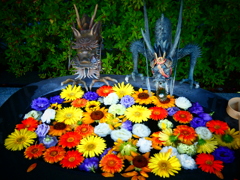 二匹の龍が見守る花手水