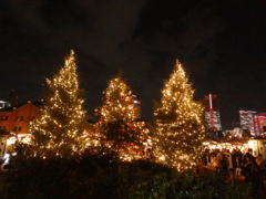 ３本のクリスマスツリーと横浜の夜景