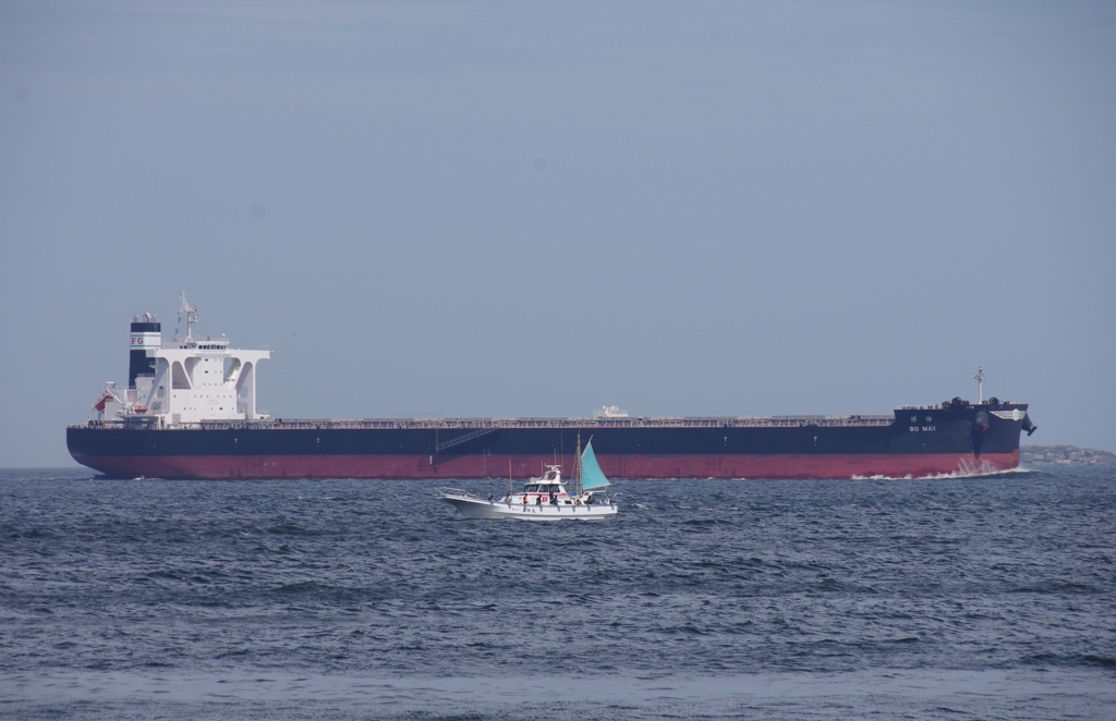 浦賀水道を行くタンカーと漁船？