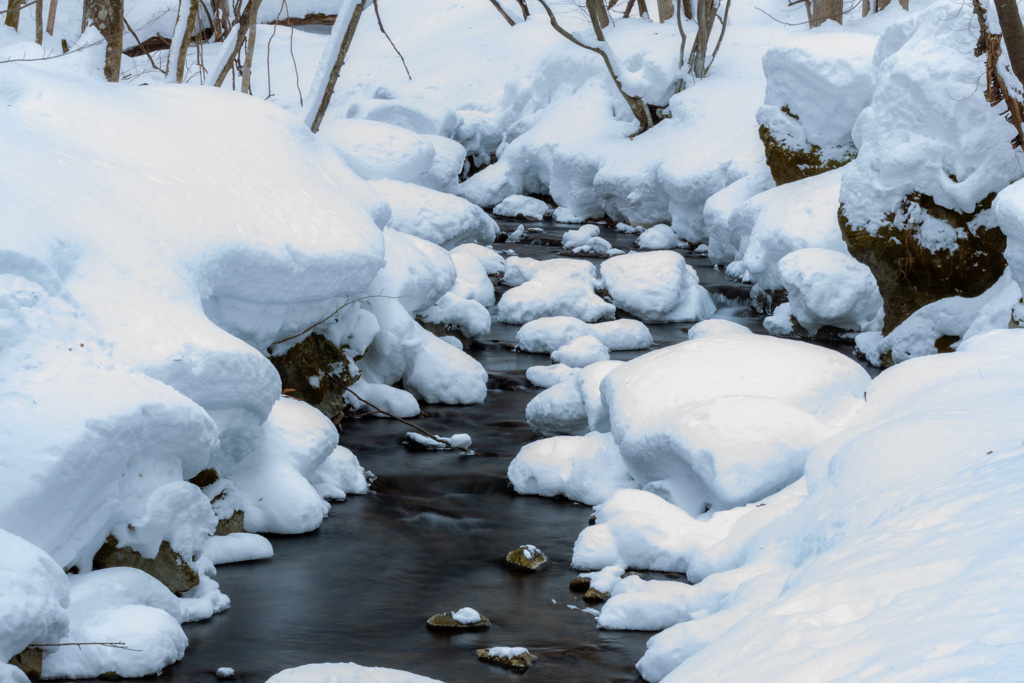 雪降る渓流