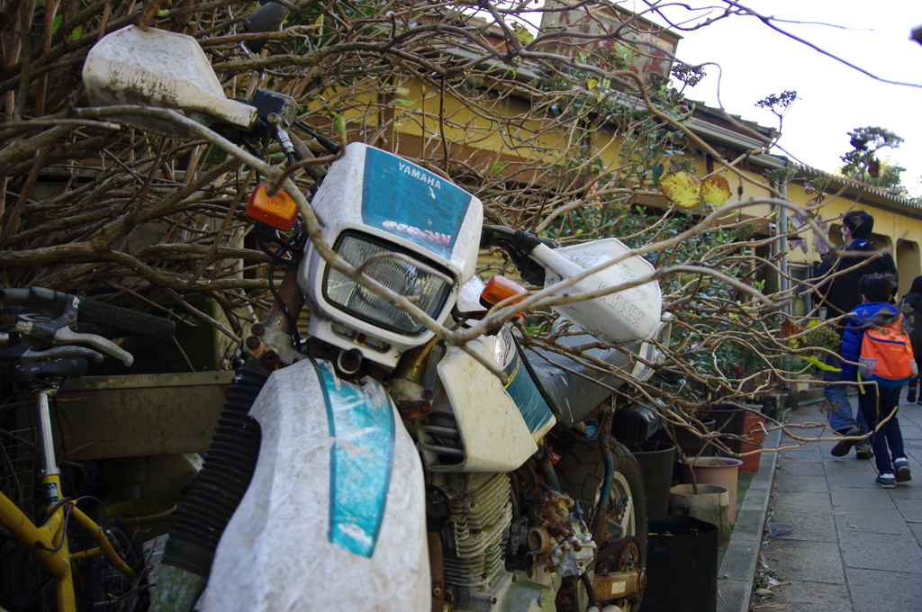 朽ちたオフロードバイク