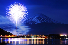 富士と湖上の冬の花
