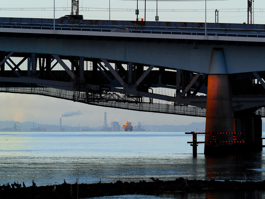 朝日の中、貨物船が行く