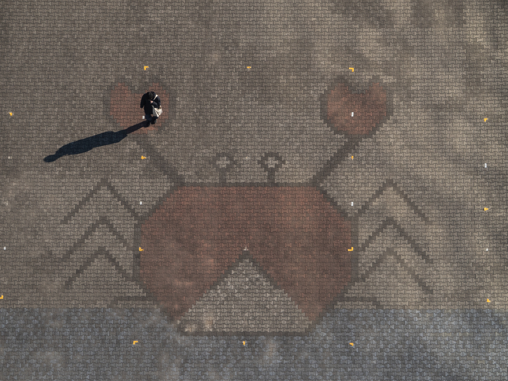 上から目線１　カニと戯れようか考える人