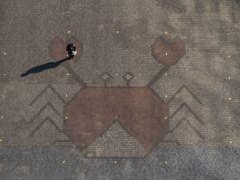 上から目線１　カニと戯れようか考える人