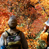 紅葉に魅了されるトレッカー(雨飾山)