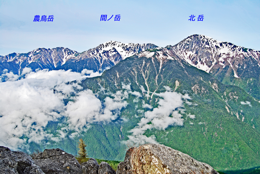 砂払岳付近より望む白峰三山