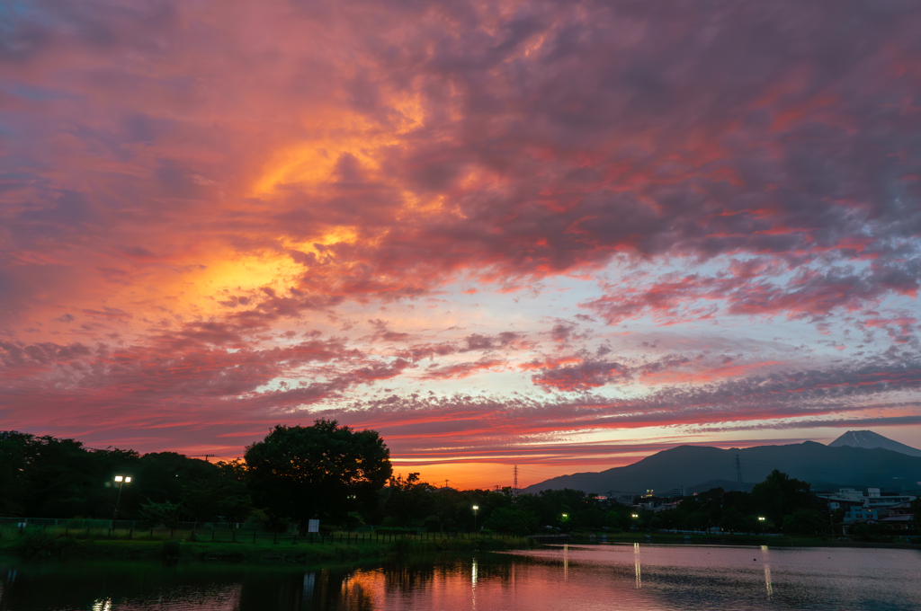 夕景　いつもの池と富士山2