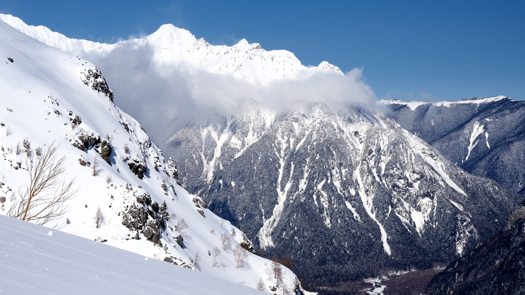 雪の焼岳から見る穂高