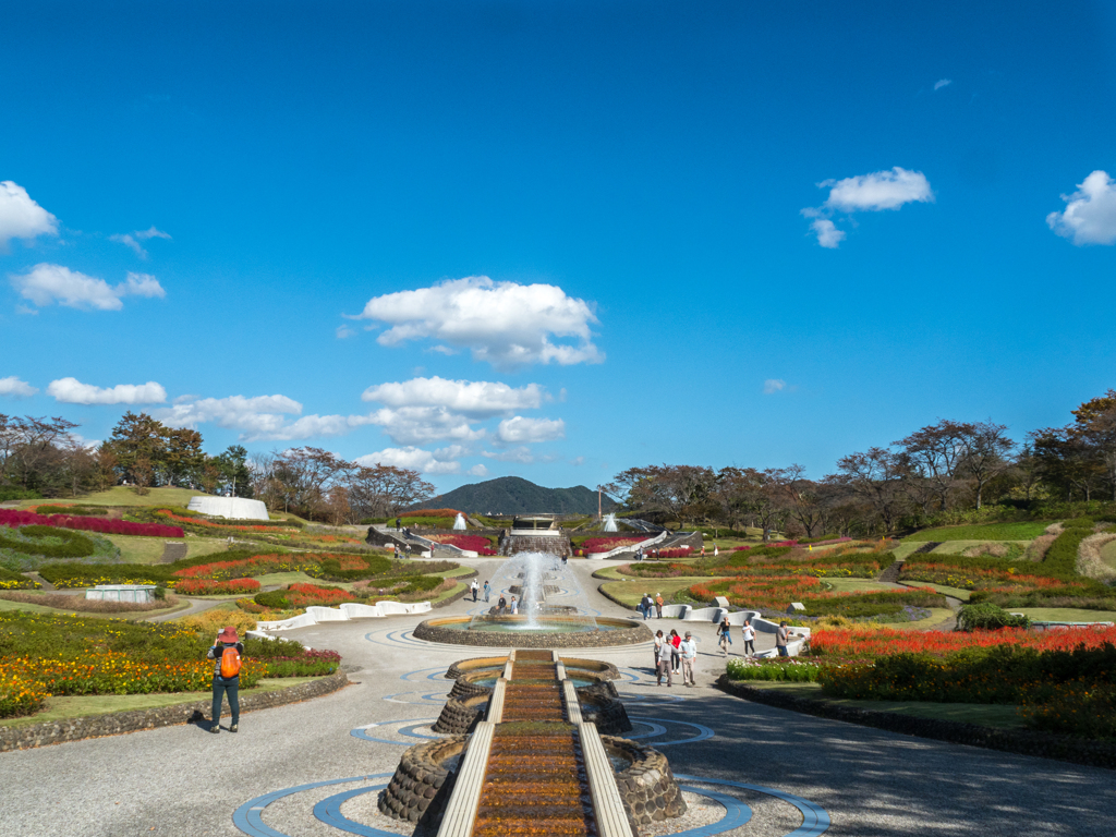 秋空と湖畔公園