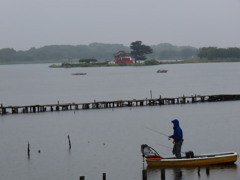 雨の中の釣り人