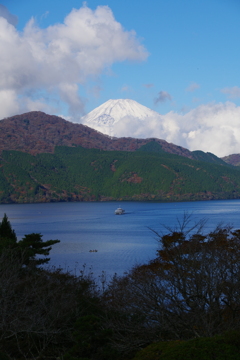 芦ノ湖と富士山と遊覧船