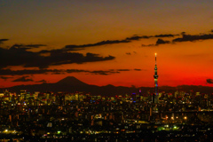 薄暮の都心夜景と富士山