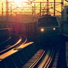 朝陽の方から貨物列車がやってきた。