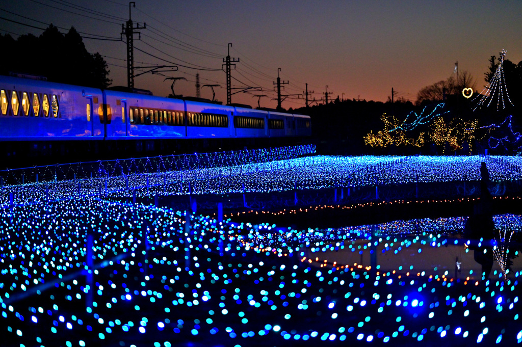 青のＸと夕焼けイルミネーション