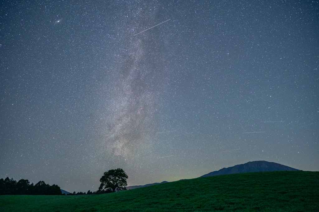 一本桜、岩手山、星空