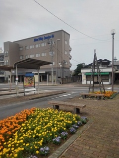 矢板駅の花壇と歩道（7月4日）