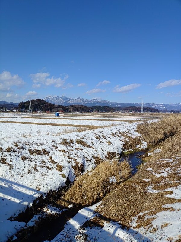 小川と山並み（1月13日）