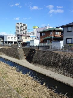 鉢植えのある川沿いの階段（1月23日）