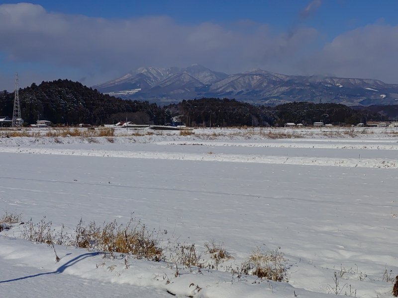 雪の水田と山（1月12日）
