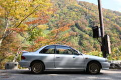 紅葉と車