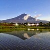 水田に映る夜の富士山